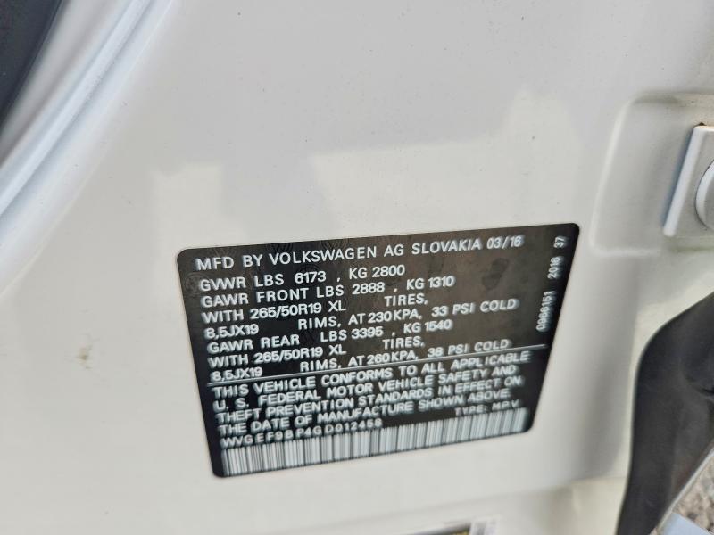 2016 Volkswagen Touareg მანქანა იყიდება აუქციონზე, vin: WVGEF9BP4GD012458, აუქციონის ნომერი: 62040436