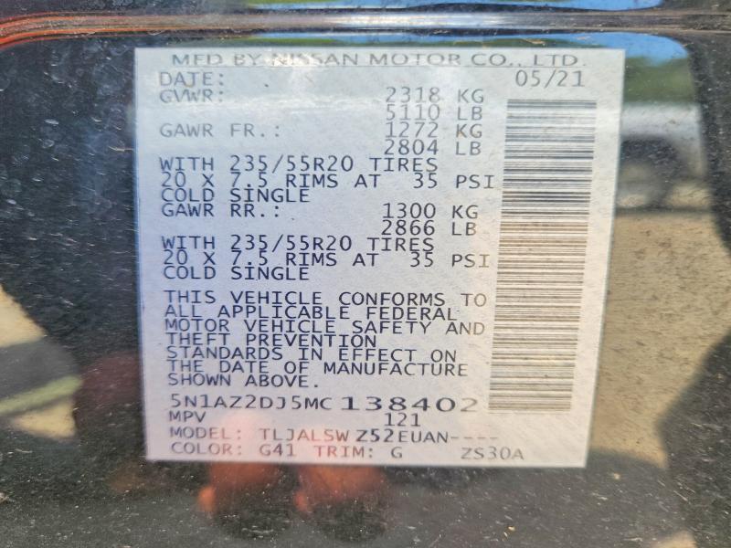 Aukcja sprzedaży 2021 Nissan Murano, vin: 5N1AZ2DJ5MC138402, numer aukcji: 60398656