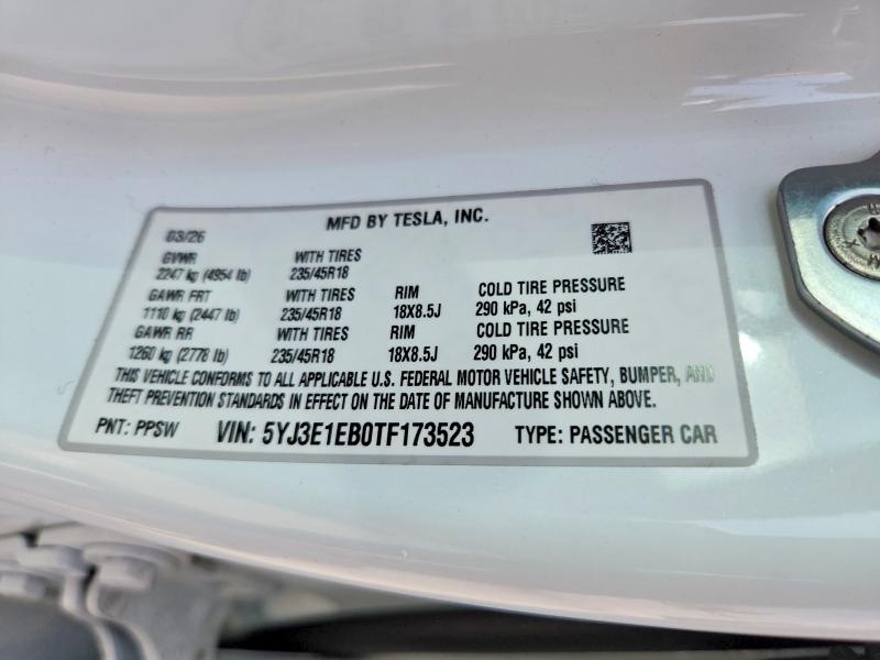 59197886 :رقم المزاد ، 5YJ3E1EB0TF173523 vin ، 2026 Tesla Model 3 مزاد بيع