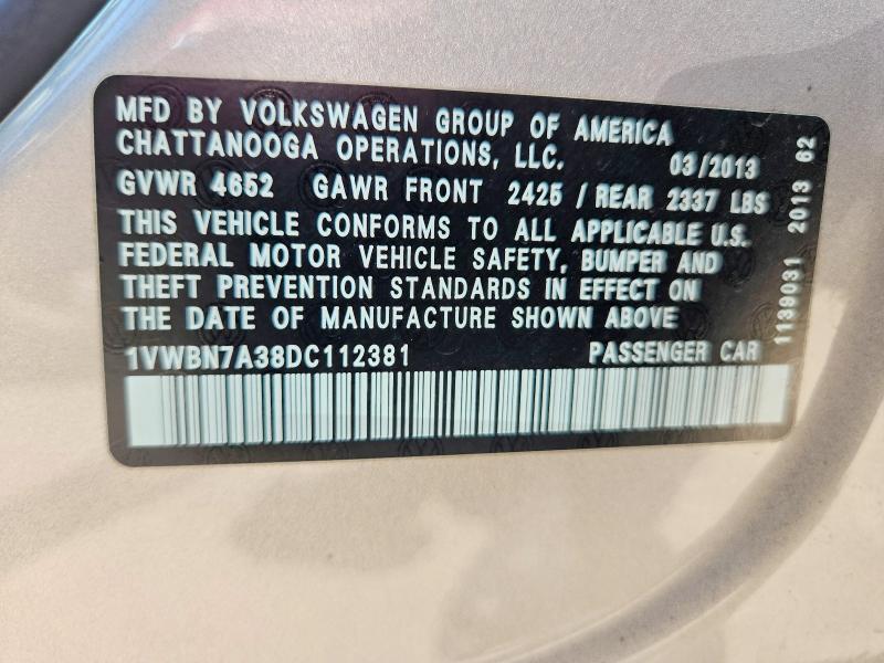 2013 Volkswagen Passat მანქანა იყიდება აუქციონზე, vin: 1VWBN7A38DC112381, აუქციონის ნომერი: 60133676