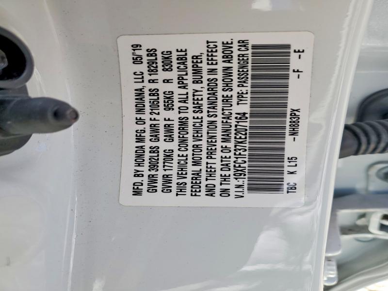 Продаж на аукціоні авто 2019 Honda Civic, vin: 19XFC1F37KE207164, номер лоту: 63423326