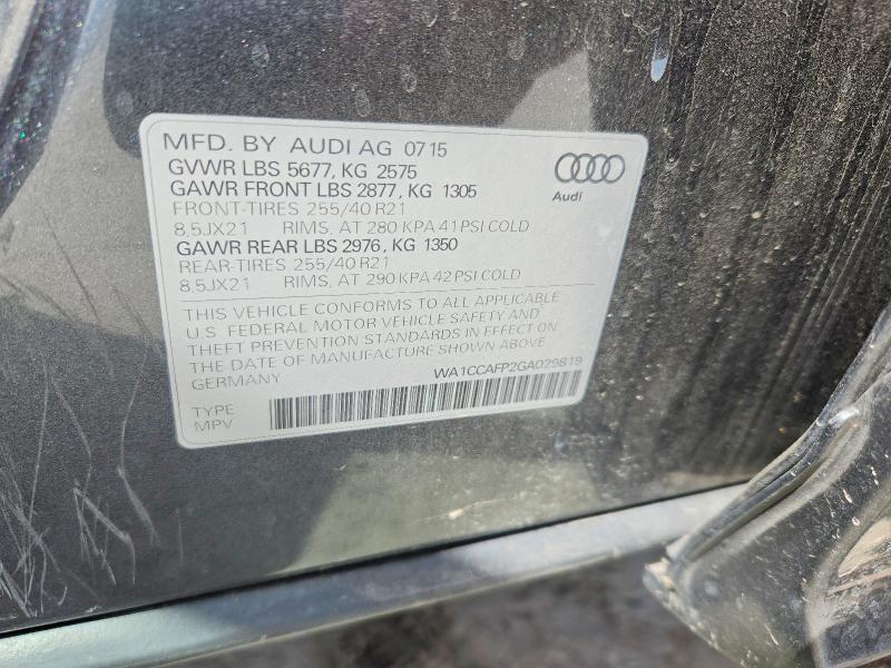 2016 Audi Sq5 მანქანა იყიდება აუქციონზე, vin: WA1CCAFP2GA029819, აუქციონის ნომერი: 61185016