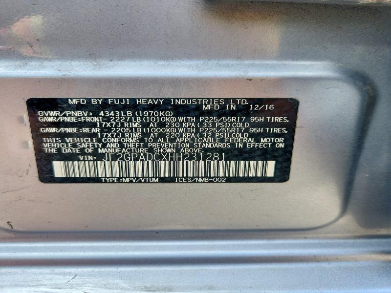 59594206 :رقم المزاد ، JF2GPADCXHH231281 vin ، 2017 Subaru Crosstrek مزاد بيع