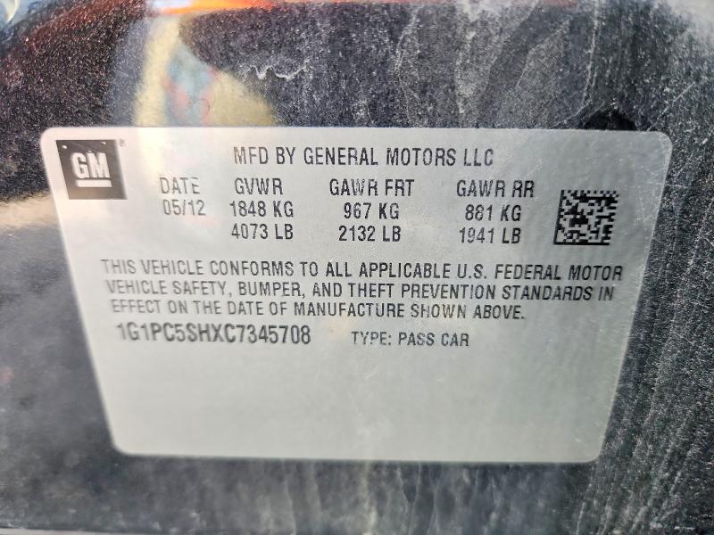 62345346 :رقم المزاد ، 1G1PC5SHXC7345708 vin ، 2012 Chevrolet Cruze مزاد بيع