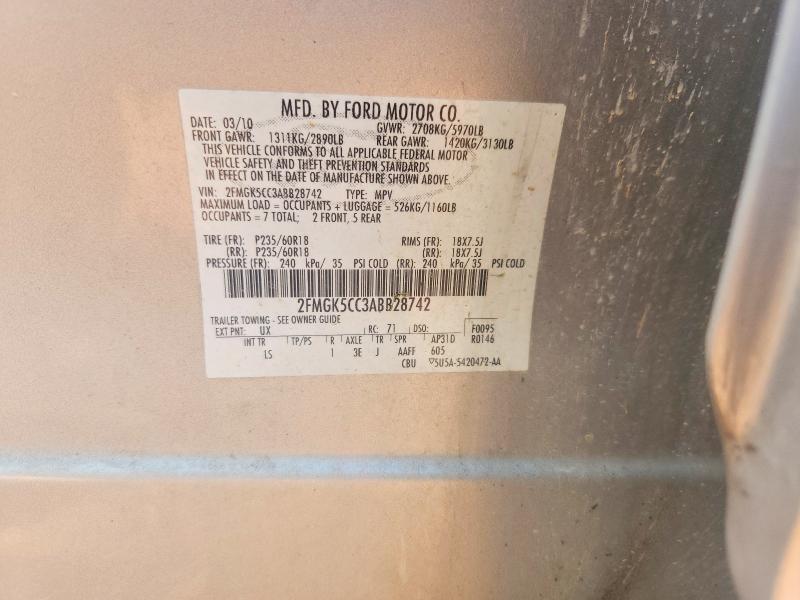 61580996 :رقم المزاد ، 2FMGK5CC3ABB28742 vin ، 2010 Ford Flex مزاد بيع