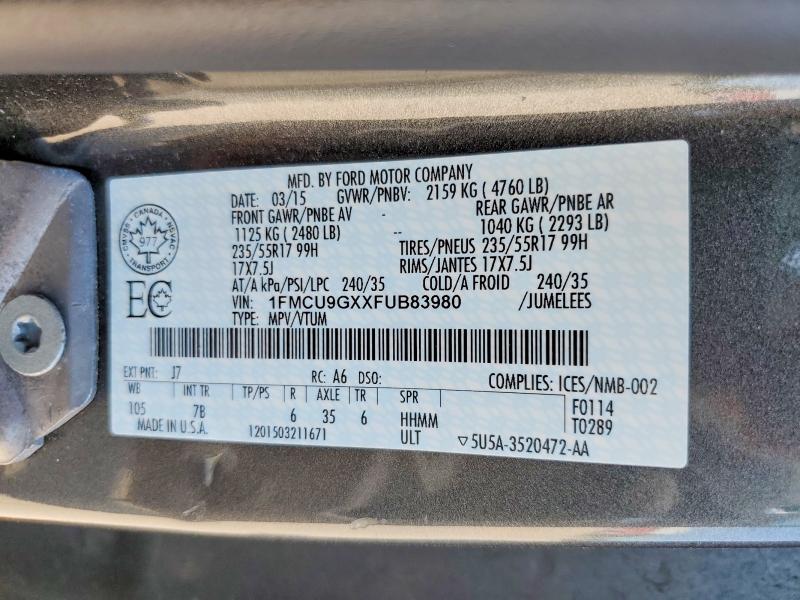 2015 Ford Escape მანქანა იყიდება აუქციონზე, vin: 1FMCU9GXXFUB83980, აუქციონის ნომერი: 60946236