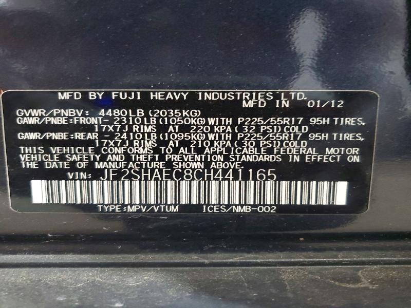 59577636 :رقم المزاد ، JF2SHAEC8CH441165 vin ، 2012 Subaru Forester مزاد بيع