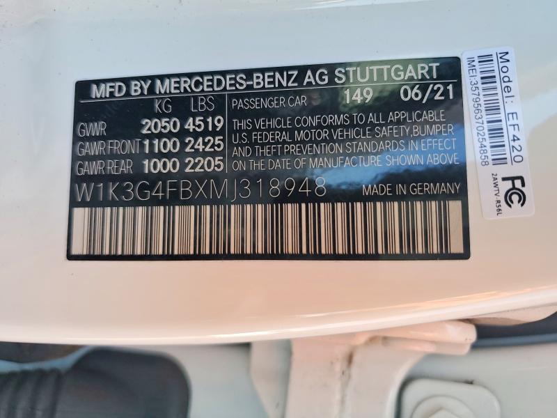 2021 Mercedes-benz A მანქანა იყიდება აუქციონზე, vin: W1K3G4FBXMJ318948, აუქციონის ნომერი: 59184846