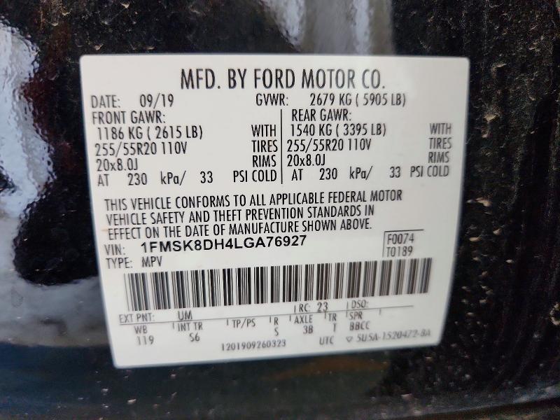 60295026 :رقم المزاد ، 1FMSK8DH4LGA76927 vin ، 2020 Ford Explorer مزاد بيع