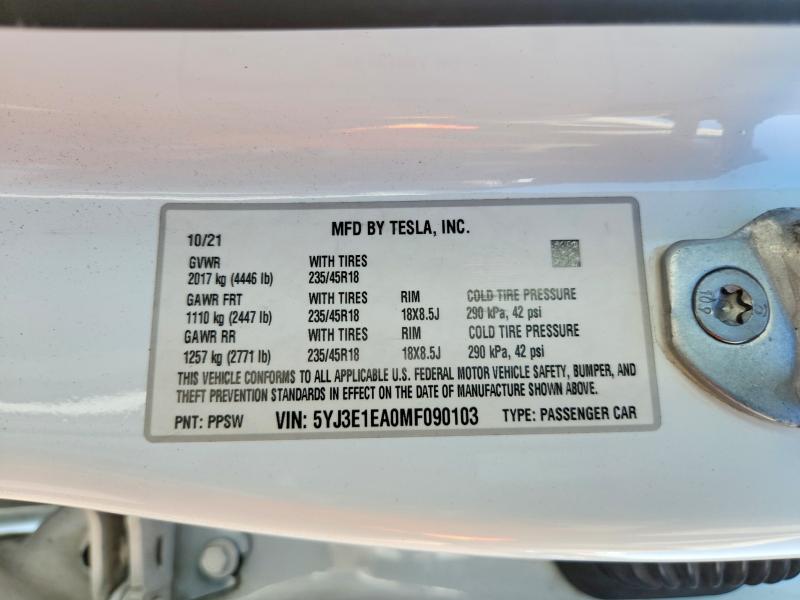 Auction sale of the 2021 Tesla Model 3, vin: 5YJ3E1EA0MF090103, lot number: 60186456