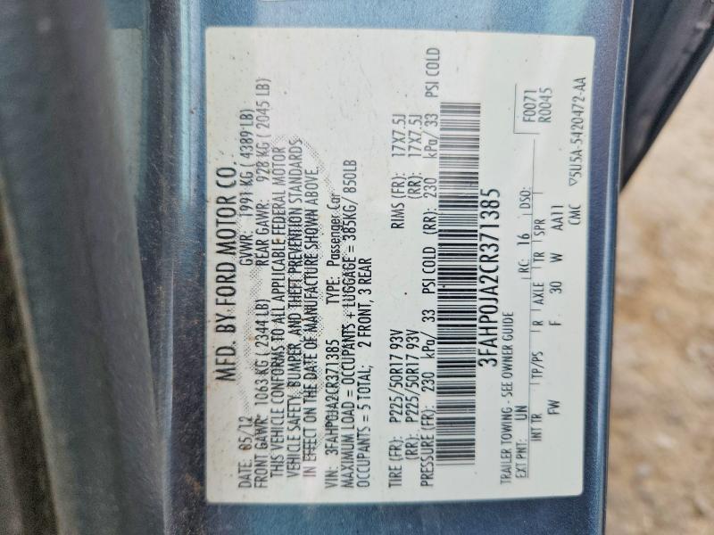 61584886 :رقم المزاد ، 3FAHP0JA2CR371385 vin ، 2012 Ford Fusion مزاد بيع