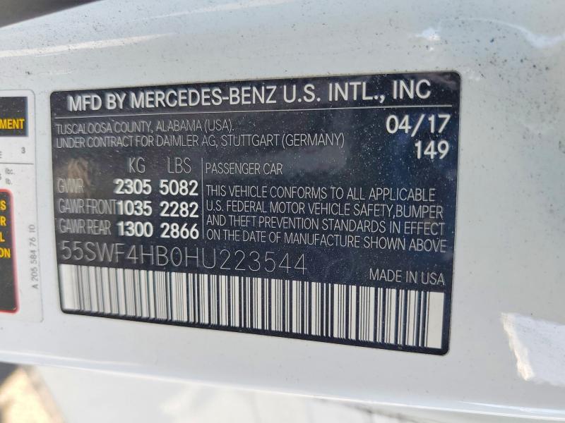 2017 Mercedes-benz C მანქანა იყიდება აუქციონზე, vin: 55SWF4HB0HU223544, აუქციონის ნომერი: 60689266