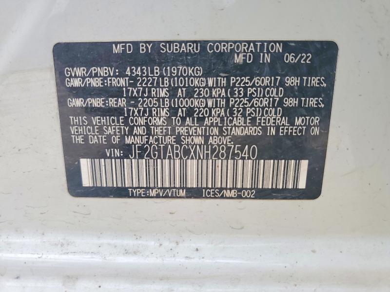 2022 Subaru Crosstrek მანქანა იყიდება აუქციონზე, vin: JF2GTABCXNH287540, აუქციონის ნომერი: 59260426