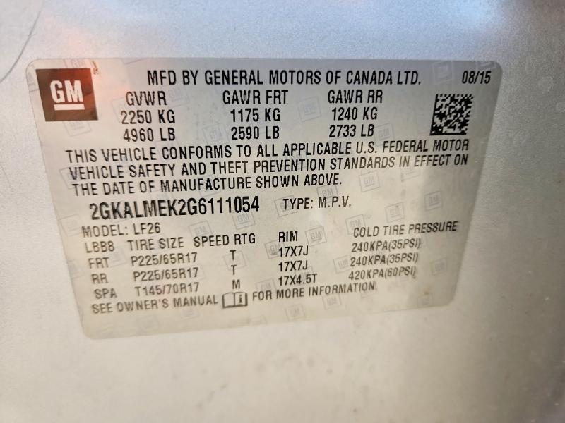2016 Gmc Terrain მანქანა იყიდება აუქციონზე, vin: 2GKALMEK2G6111054, აუქციონის ნომერი: 61015206