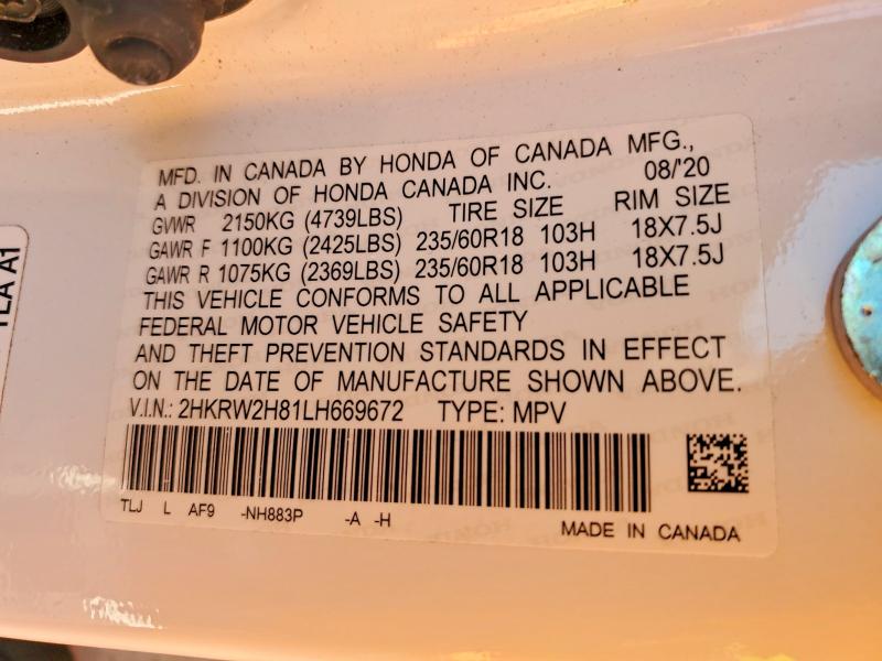 60671266 :رقم المزاد ، 2HKRW2H81LH669672 vin ، 2020 Honda Cr-v مزاد بيع