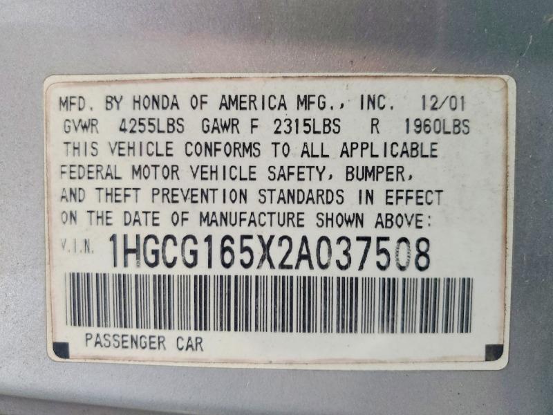 Продаж на аукціоні авто 2002 Honda Accord, vin: 1HGCG165X2A037508, номер лоту: 62709196