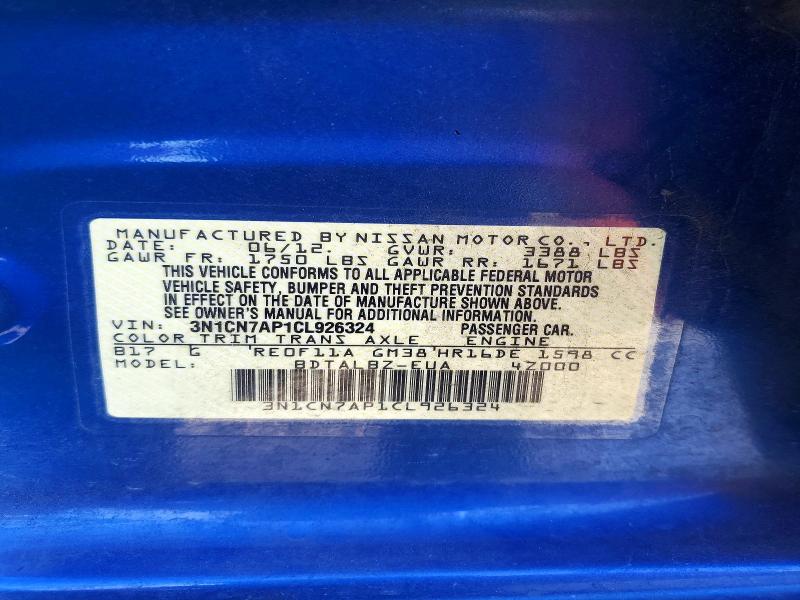 61604296 :رقم المزاد ، 3N1CN7AP1CL926324 vin ، 2012 Nissan Versa مزاد بيع