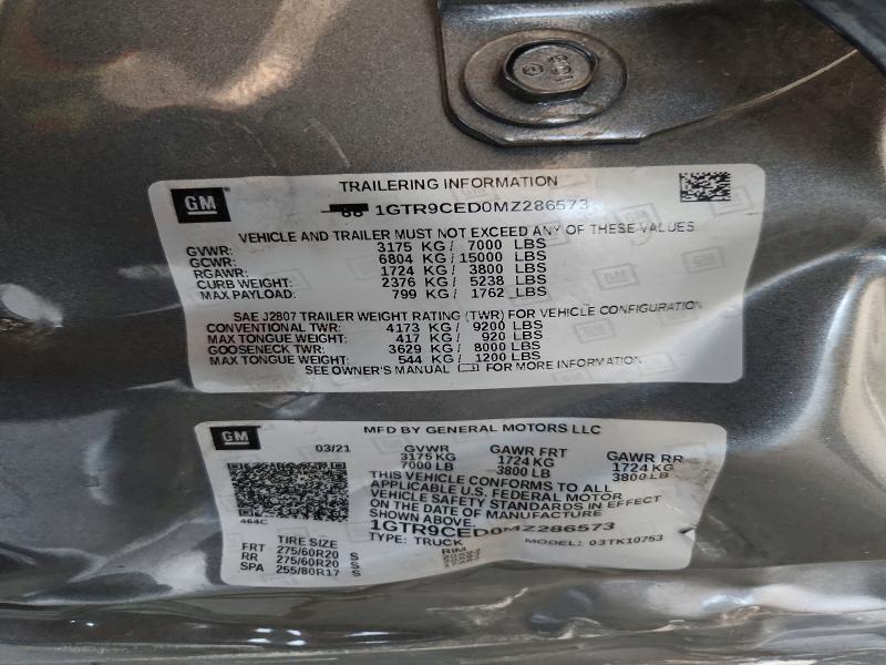 Aukcja sprzedaży 2021 Gmc Sierra, vin: 1GTR9CED0MZ286573, numer aukcji: 58626576