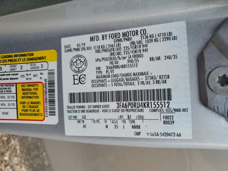 Продажа на аукционе авто 2019 Ford Fusion, vin: 3FA6P0RU4KR155512, номер лота: 61415096