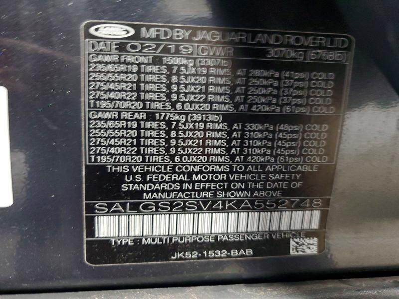 Aukcja sprzedaży 2019 Land Rover Range Rover, vin: SALGS2SV4KA552748, numer aukcji: 61347056
