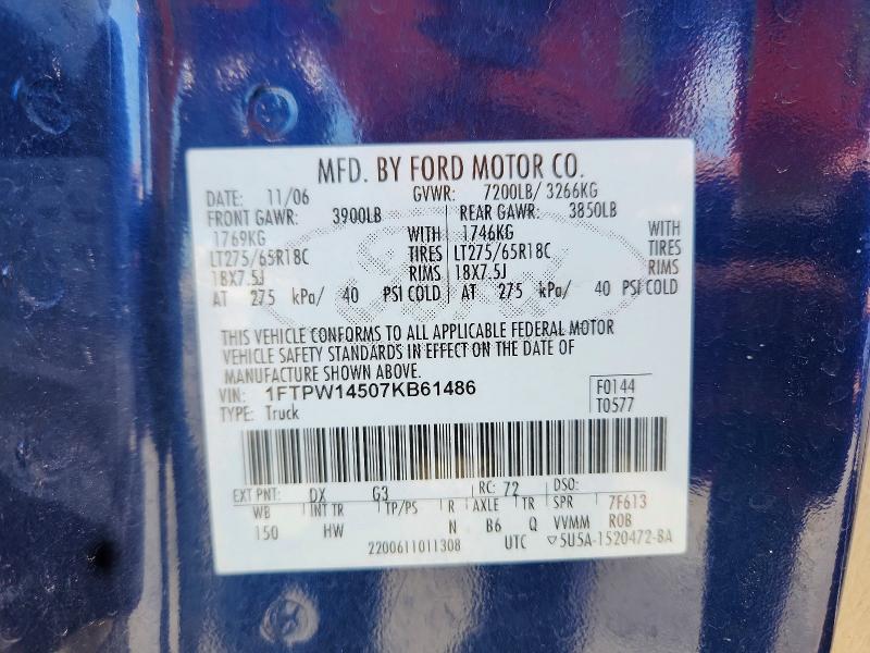 Aukcja sprzedaży 2007 Ford F150, vin: 1FTPW14507KB61486, numer aukcji: 62111306