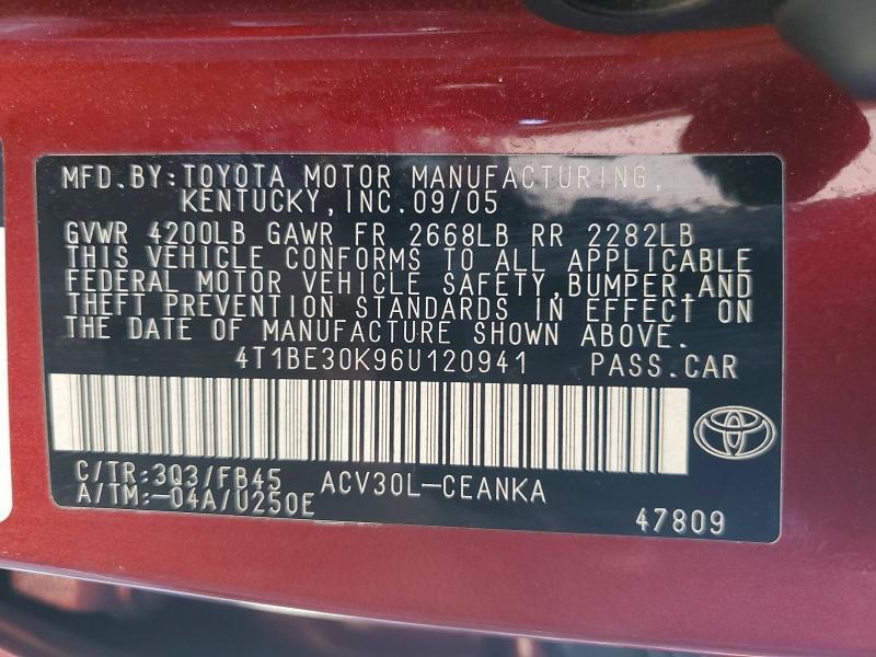 2006 Toyota Camry მანქანა იყიდება აუქციონზე, vin: 4T1BE30K96U120941, აუქციონის ნომერი: 61442036
