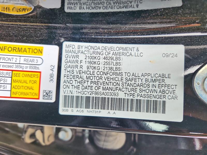 2025 Honda Accord მანქანა იყიდება აუქციონზე, vin: 1HGCY2F86SA003093, აუქციონის ნომერი: 60891056