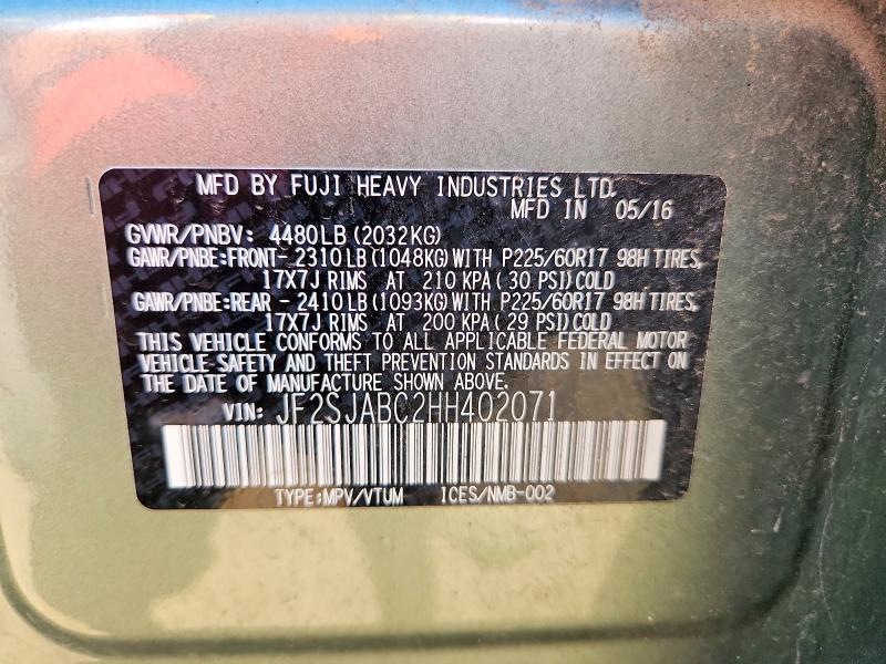 Продажа на аукционе авто 2017 Subaru Forester, vin: JF2SJABC2HH402071, номер лота: 59534476