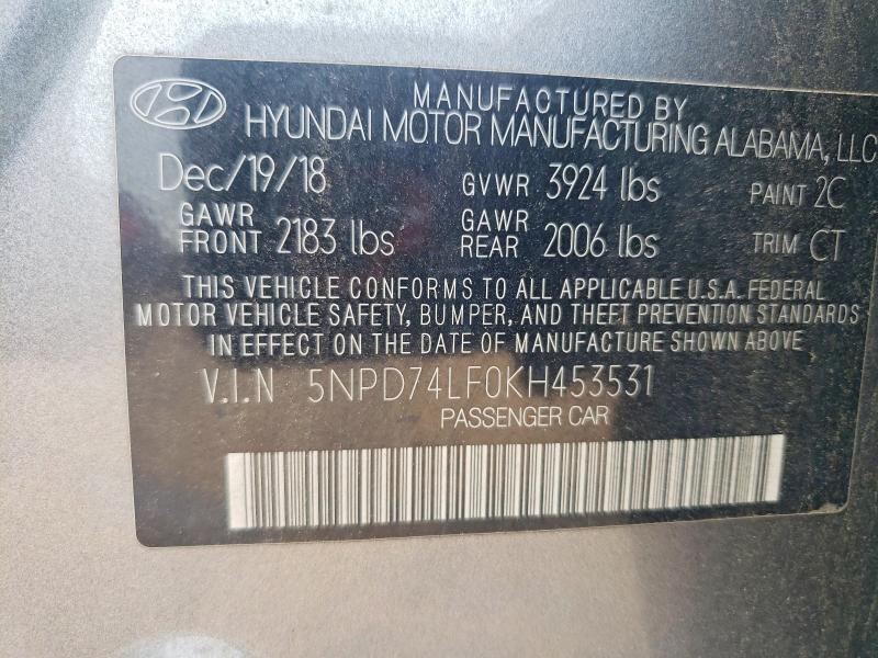 2019 Hyundai Elantra მანქანა იყიდება აუქციონზე, vin: 5NPD74LF0KH453531, აუქციონის ნომერი: 60673536