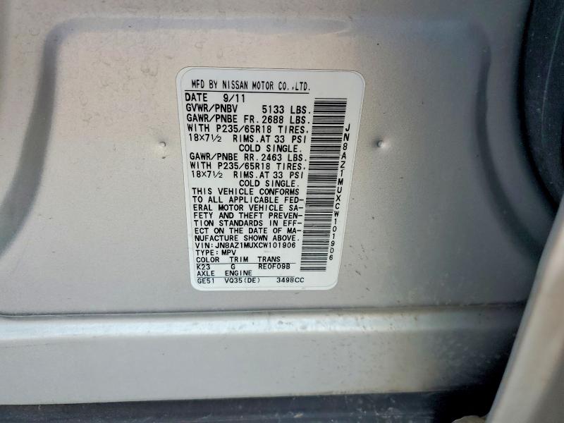 59866736 :رقم المزاد ، JN8AZ1MUXCW101906 vin ، 2012 Nissan Murano مزاد بيع