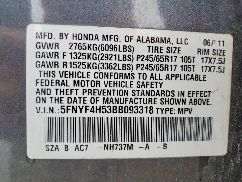 59243516 :رقم المزاد ، 5FNYF4H53BB093318 vin ، 2011 Honda Pilot مزاد بيع