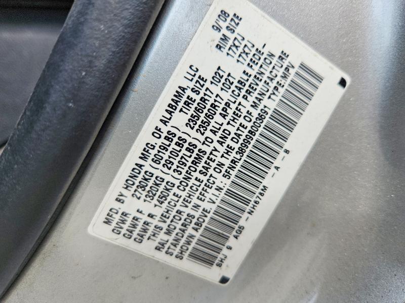 Продаж на аукціоні авто 2009 Honda Odyssey, vin: 5FNRL38999B003691, номер лоту: 59738086