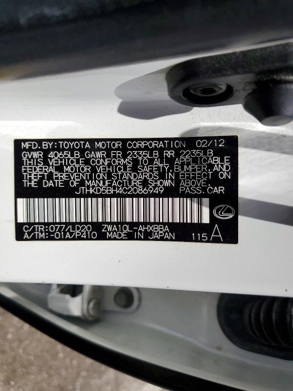 Aukcja sprzedaży 2012 Lexus Ct, vin: JTHKD5BH4C2086949, numer aukcji: 60829306