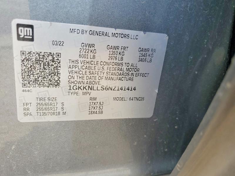 59614756 :رقم المزاد ، 1GKKNLLS6NZ141414 vin ، 2022 Gmc Acadia مزاد بيع
