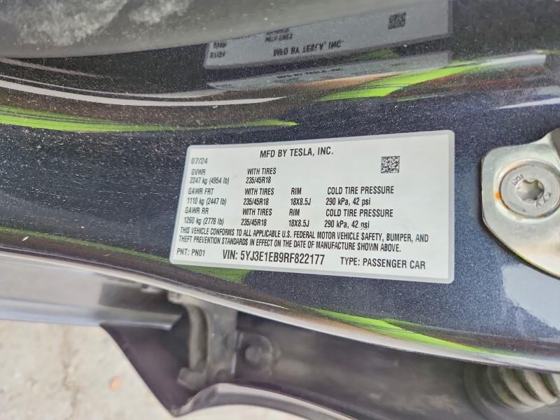 62586226 :رقم المزاد ، 5YJ3E1EB9RF822177 vin ، 2024 Tesla Model 3 مزاد بيع
