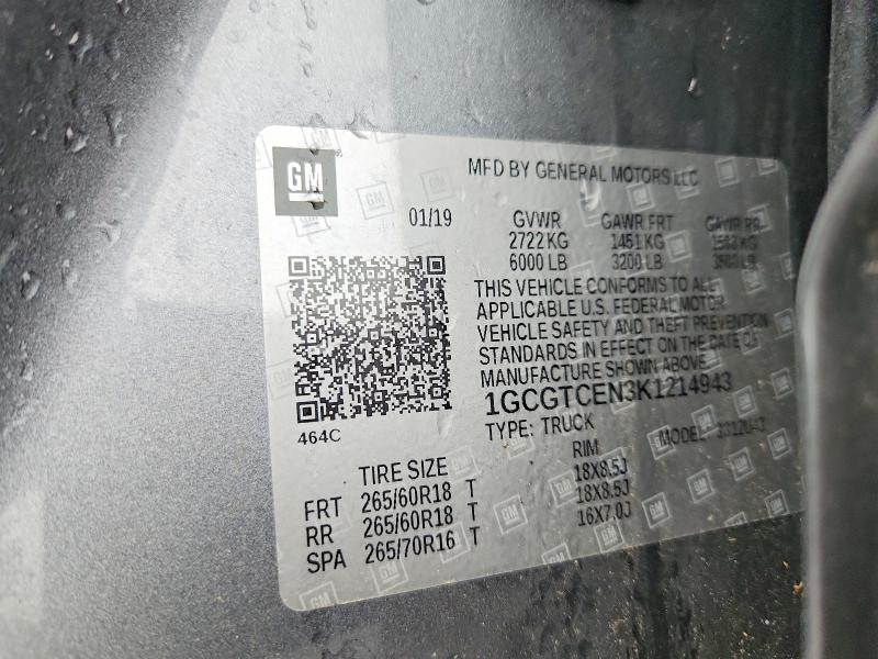 2019 Chevrolet Colorado მანქანა იყიდება აუქციონზე, vin: 1GCGTCEN3K1214943, აუქციონის ნომერი: 41634206