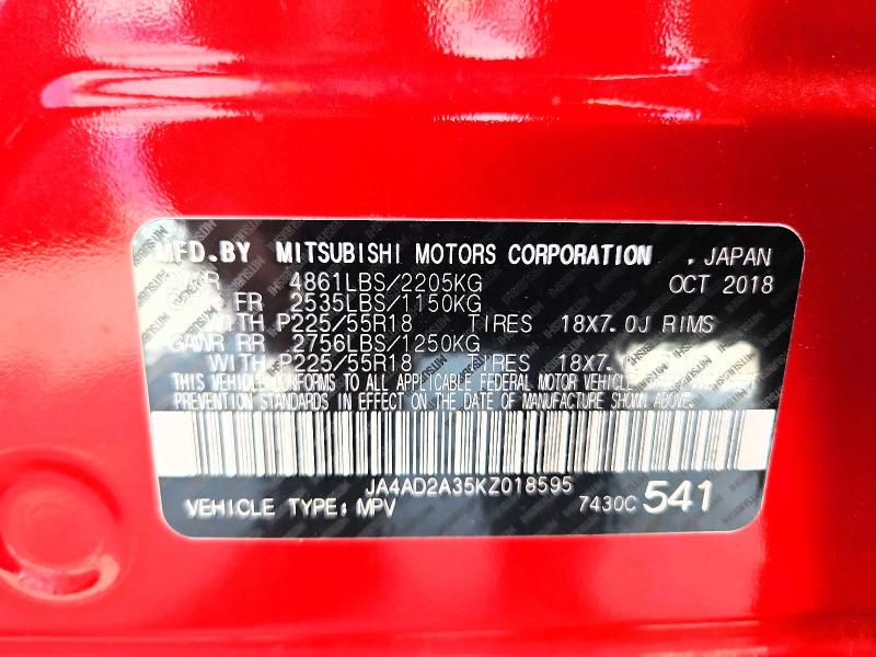 2019 Mitsubishi Outlander მანქანა იყიდება აუქციონზე, vin: JA4AD2A35KZ018595, აუქციონის ნომერი: 59861526