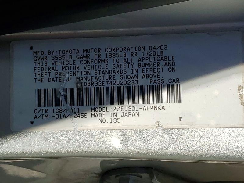 Aukcja sprzedaży 2004 Toyota Corolla, vin: JTDBR32E742020233, numer aukcji: 63370796
