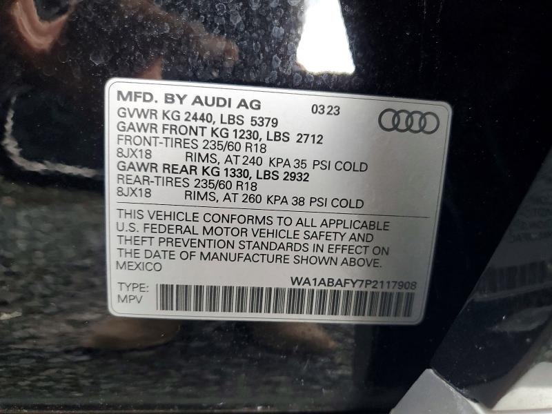 2023 Audi Q5 მანქანა იყიდება აუქციონზე, vin: WA1ABAFY7P2117908, აუქციონის ნომერი: 60237036