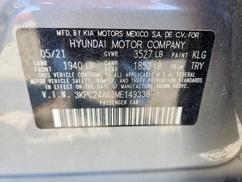 2021 Hyundai Accent მანქანა იყიდება აუქციონზე, vin: 3KPC24A63ME149338, აუქციონის ნომერი: 62411296