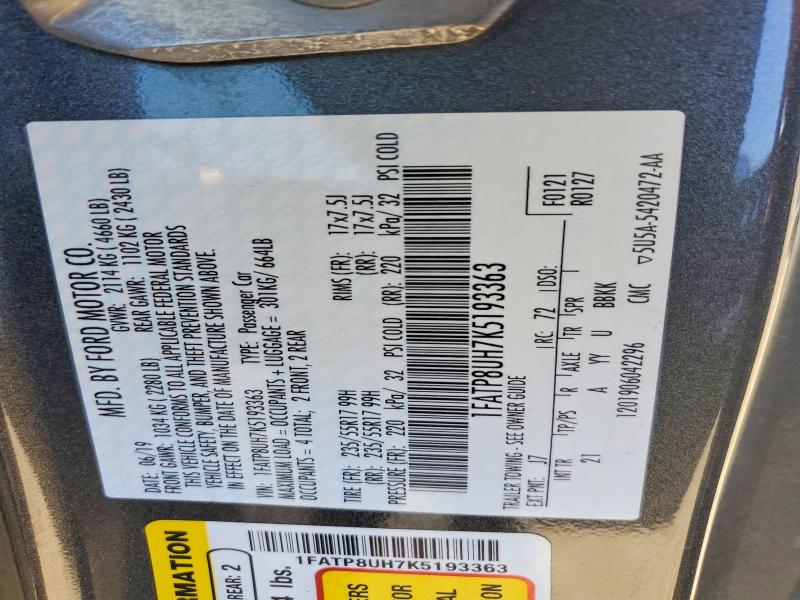 2019 Ford Mustang მანქანა იყიდება აუქციონზე, vin: 1FATP8UH7K5193363, აუქციონის ნომერი: 61192086