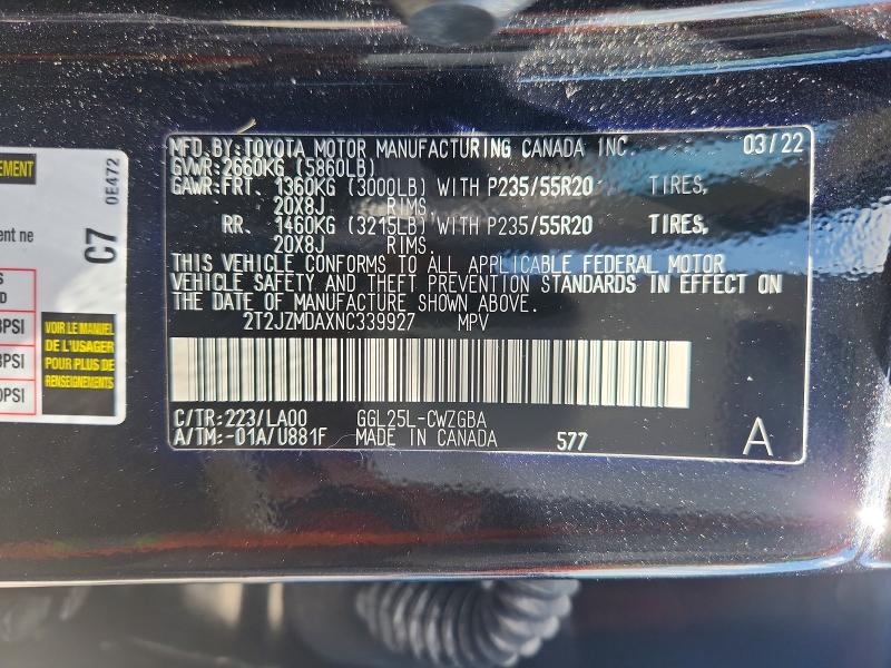 2022 Lexus Rx მანქანა იყიდება აუქციონზე, vin: 2T2JZMDAXNC339927, აუქციონის ნომერი: 85632575