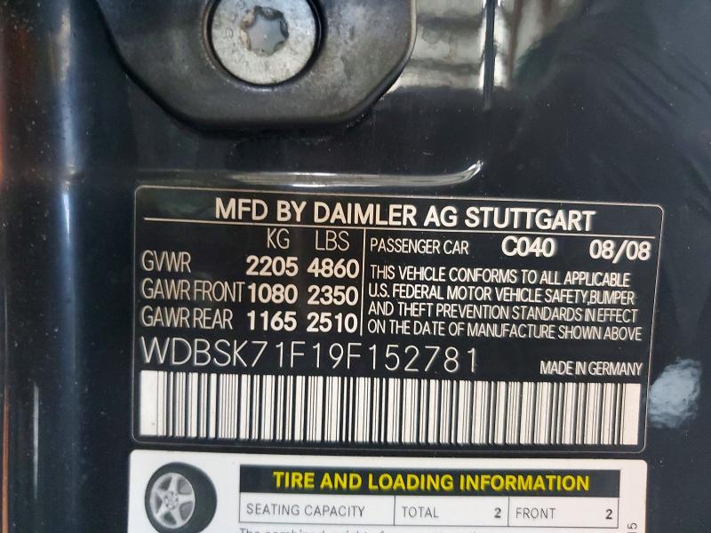 59187306 :رقم المزاد ، WDBSK71F19F152781 vin ، 2009 Mercedes-benz Sl مزاد بيع