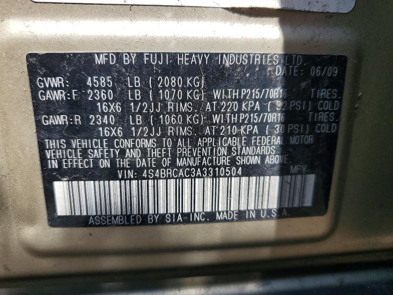 Aukcja sprzedaży 2010 Subaru Outback, vin: 4S4BRCAC3A3310504, numer aukcji: 60314306