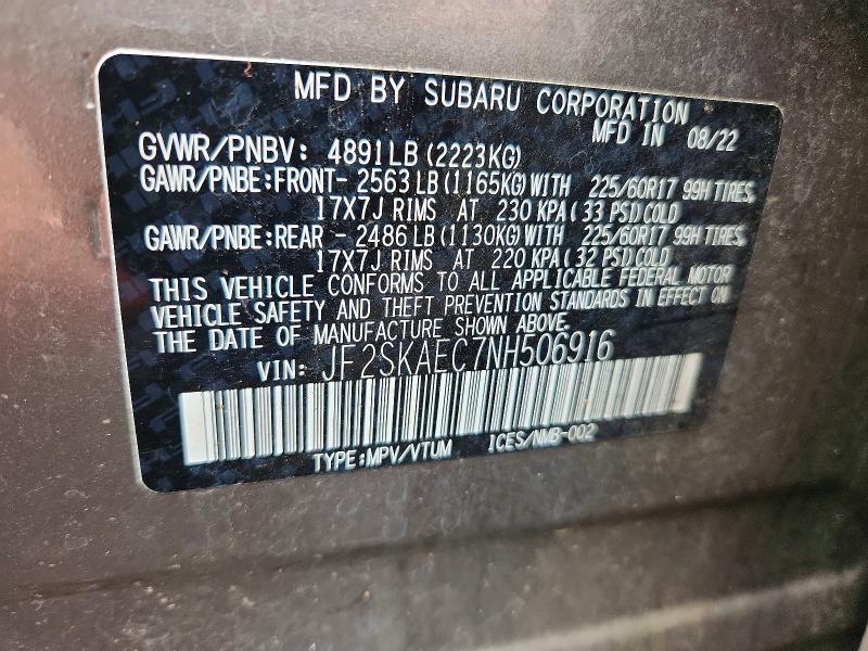 Продаж на аукціоні авто 2022 Subaru Forester, vin: JF2SKAEC7NH506916, номер лоту: 59738506
