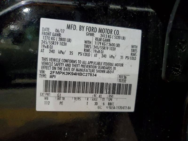 Aukcja sprzedaży 2017 Ford Edge, vin: 2FMPK3K94HBC27834, numer aukcji: 59588096