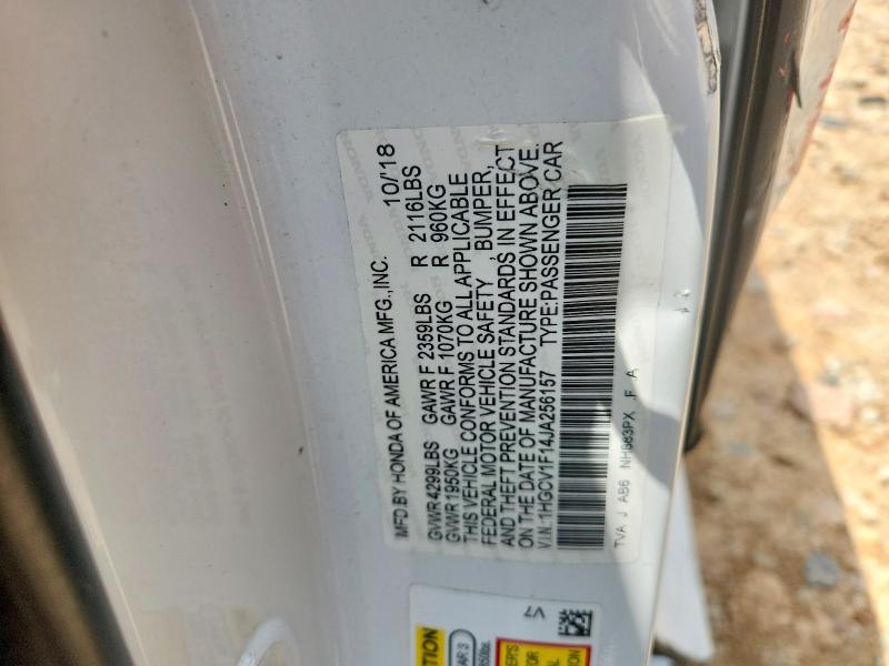 2018 Honda Accord მანქანა იყიდება აუქციონზე, vin: 1HGCV1F14JA256157, აუქციონის ნომერი: 60383016