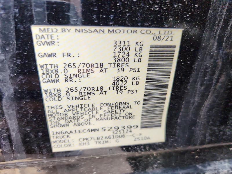 2021 Nissan Titan მანქანა იყიდება აუქციონზე, vin: 1N6AA1EC4MN529399, აუქციონის ნომერი: 61324446