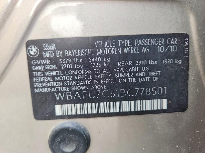 2011 Bmw 535 მანქანა იყიდება აუქციონზე, vin: WBAFU7C51BC778501, აუქციონის ნომერი: 60303096