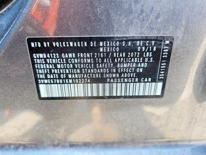 2019 Volkswagen Jetta მანქანა იყიდება აუქციონზე, vin: 3VWE57BU1KM102274, აუქციონის ნომერი: 61504016